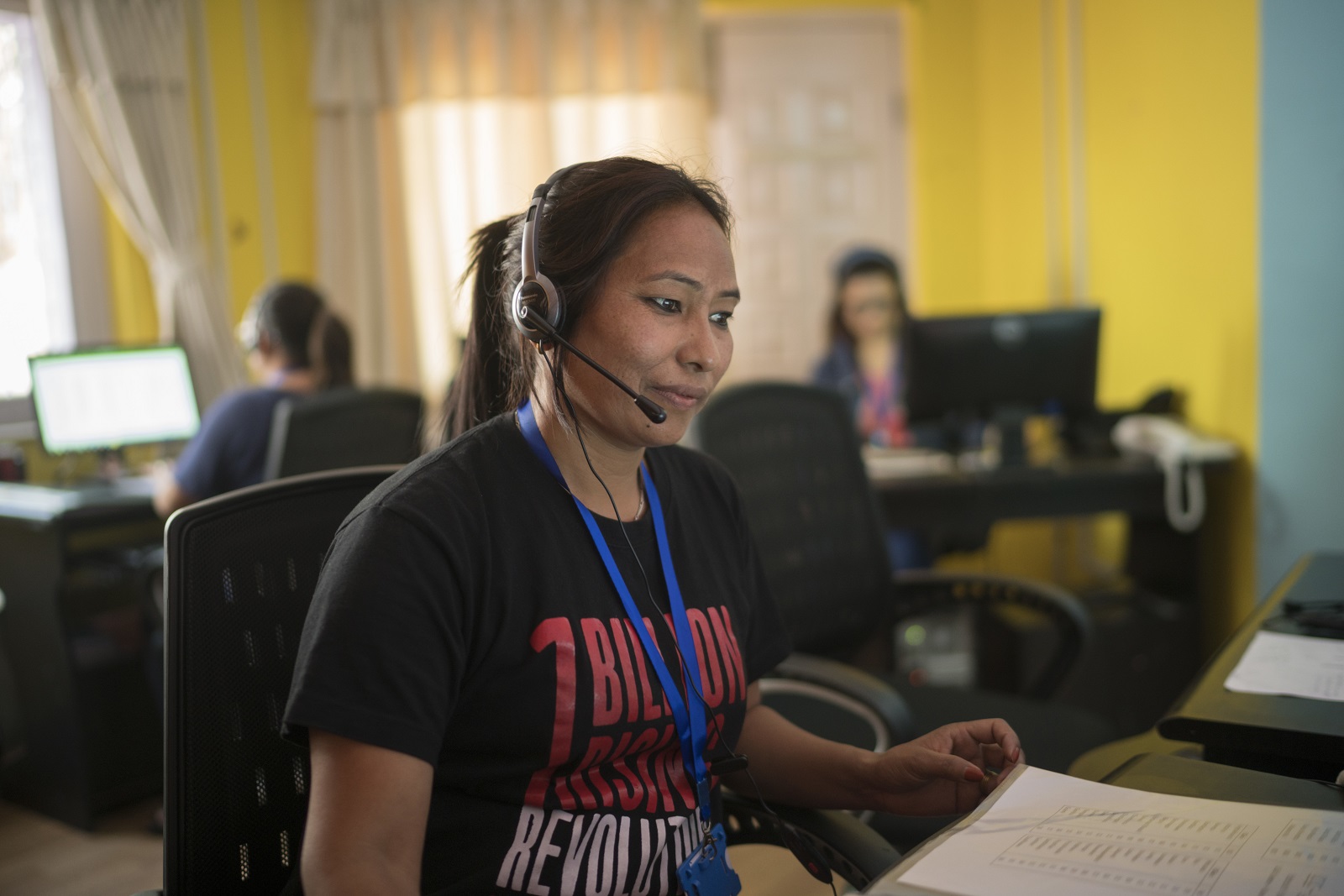 Rheka Rokhaya at the call center of Marie Stopes main office in Kathmandu.